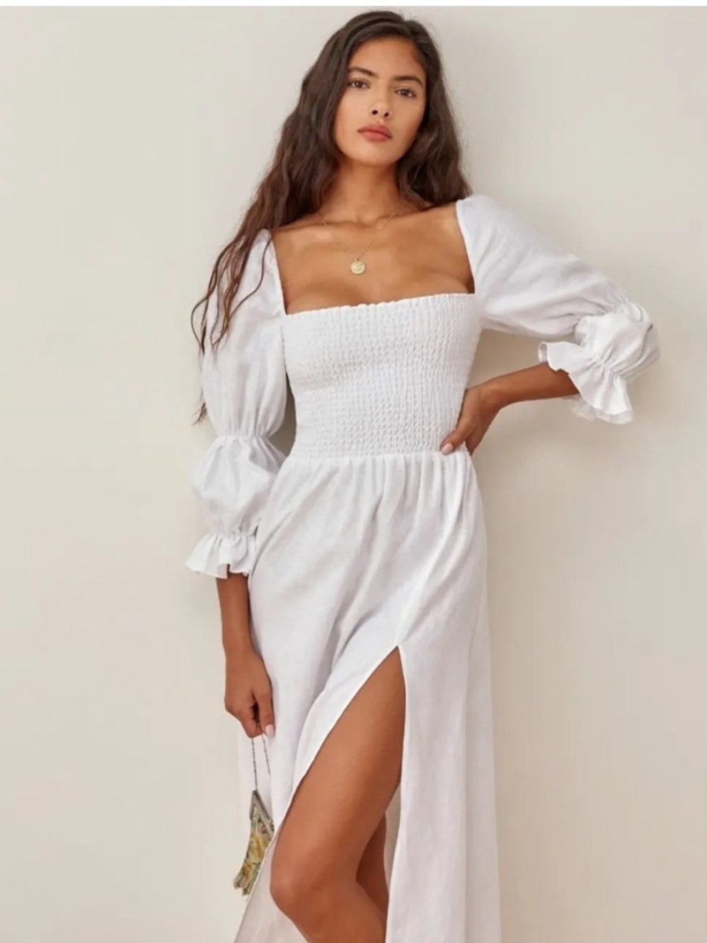Reformation White Smocked Square-Neck Maxi Dress with Puff Sleeves and High Slit